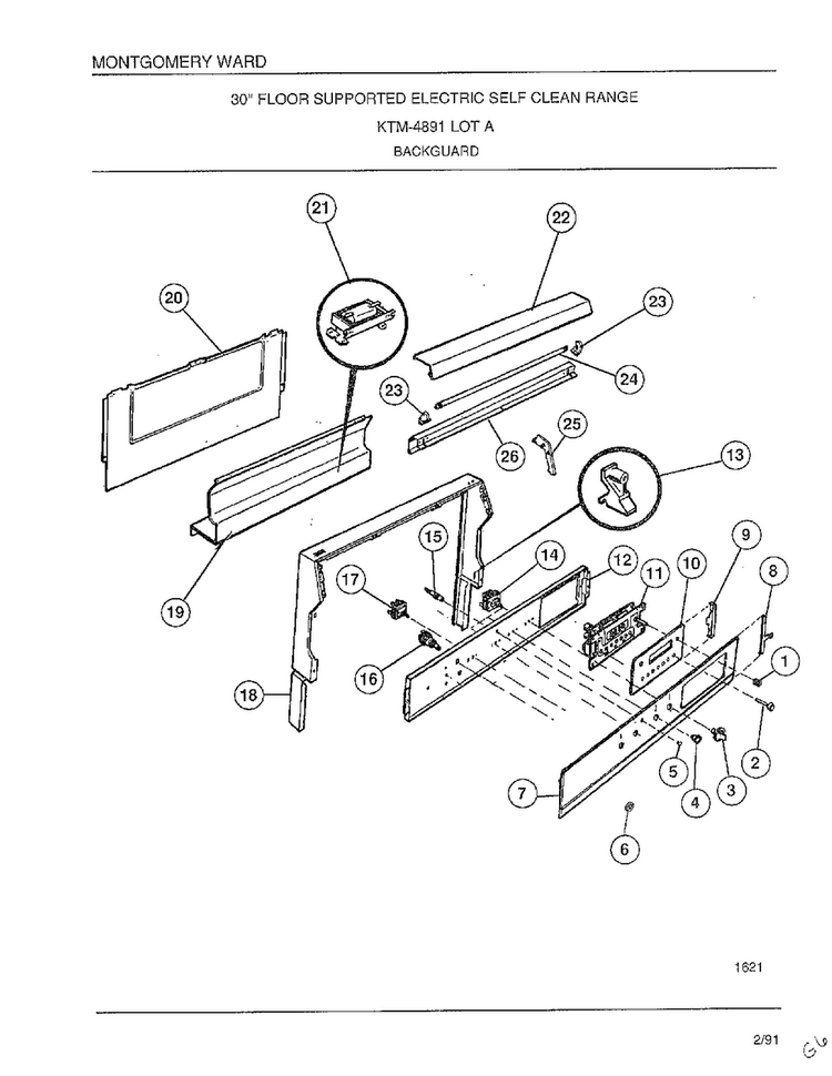 Backguard Diagram and Parts List for 4891A  Frigidaire Range