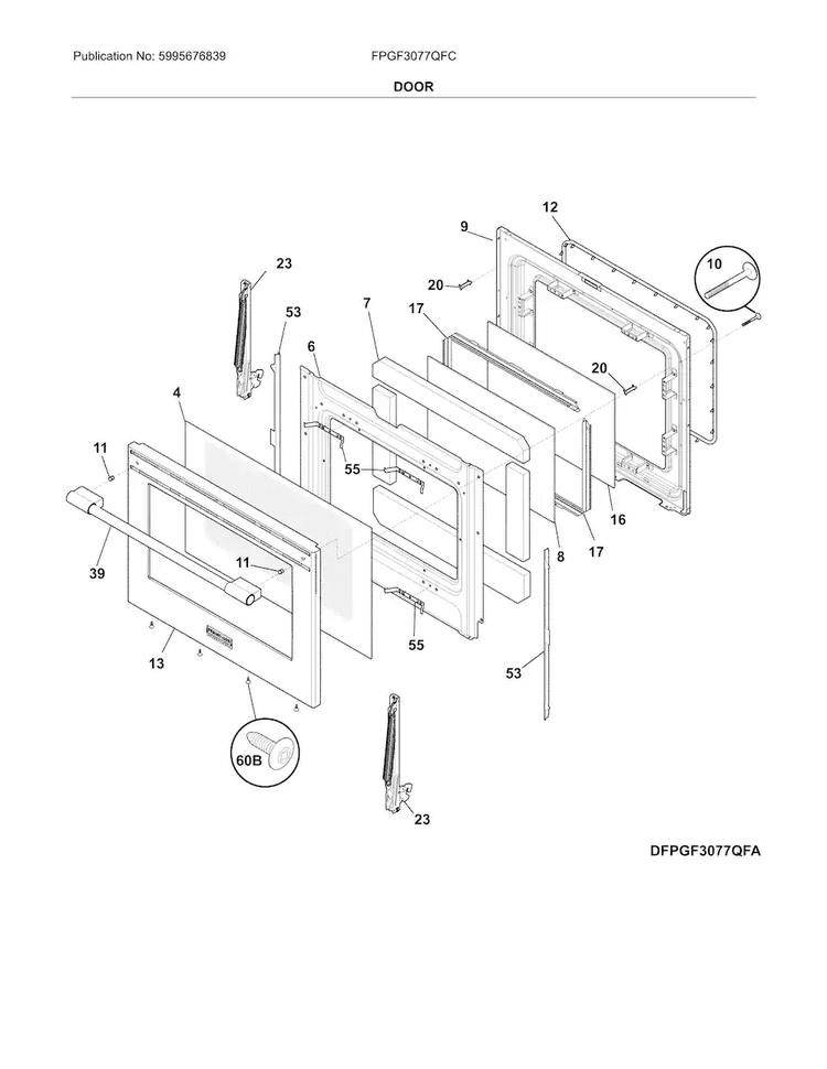 Door Diagram and Parts List for FPGF3077QFC  Frigidaire Range
