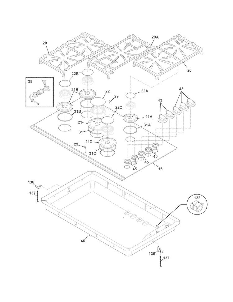 Cook Top Diagram and Parts List for FGGC3665KSC  Frigidaire Cooktop