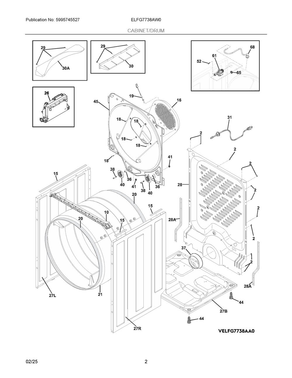 Cabinet/Drum Diagram and Parts List for ELFG7738AW0  Frigidaire Dryer
