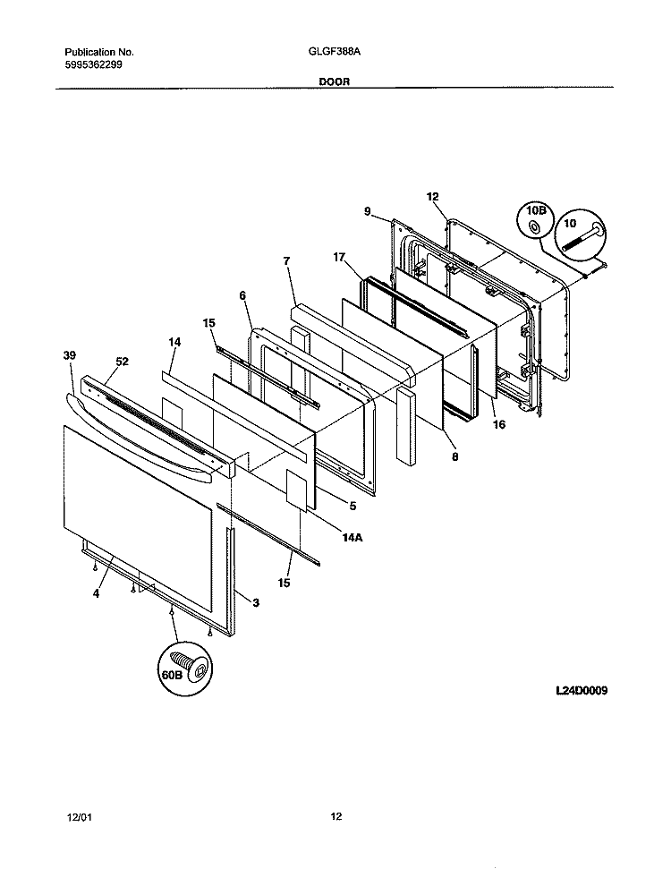 DOOR Diagram and Parts List for GLGF388AQA  Frigidaire Range