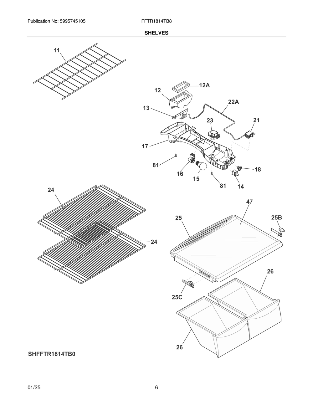Shelves Diagram and Parts List for FFTR1814TB8  Frigidaire Refrigerator