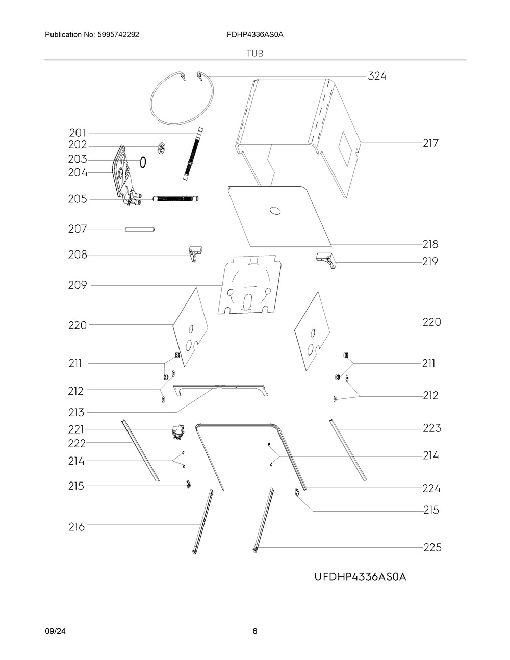 Tub Diagram and Parts List for FDHP4336AS0A  Frigidaire Dishwasher