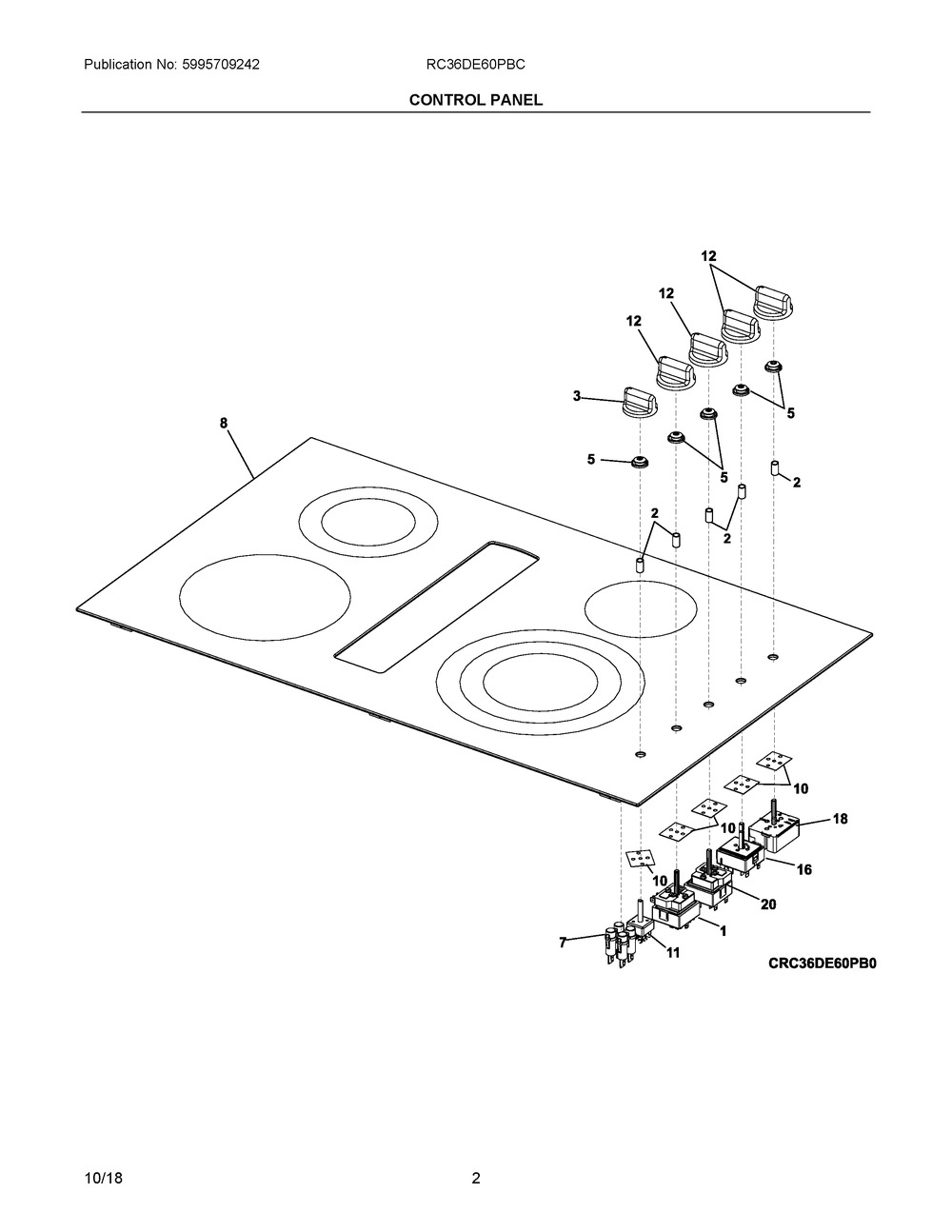 Control Panel Diagram and Parts List for RC36DE60PBC  Frigidaire Cooktop