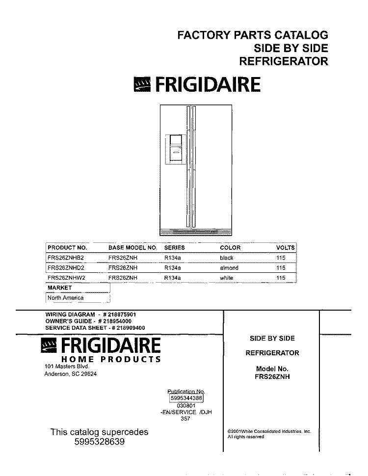 COVER Diagram and Parts List for FRS26ZNHW2  Frigidaire Refrigerator