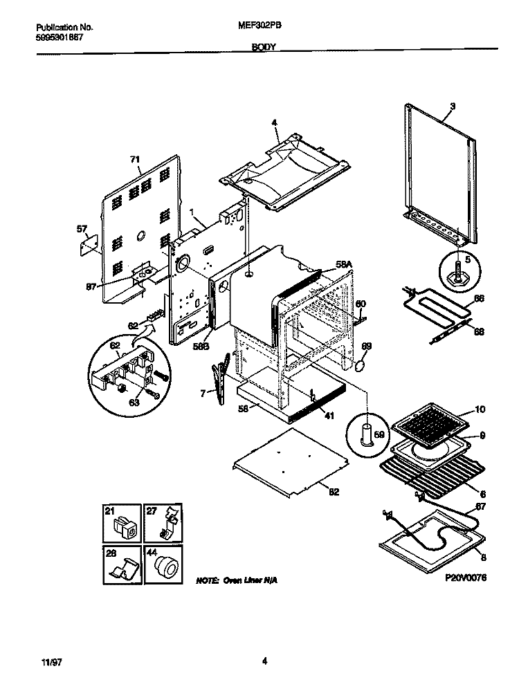 BODY Diagram and Parts List for MEF302PBWK  Frigidaire Range
