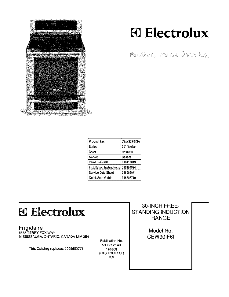 COVER Diagram and Parts List for CEW30IF6ISA  Electrolux Range