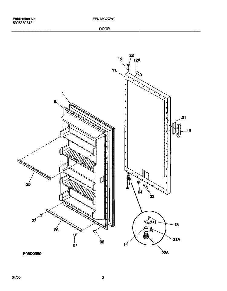 DOOR Diagram and Parts List for FFU12C2CW0  Frigidaire Freezer