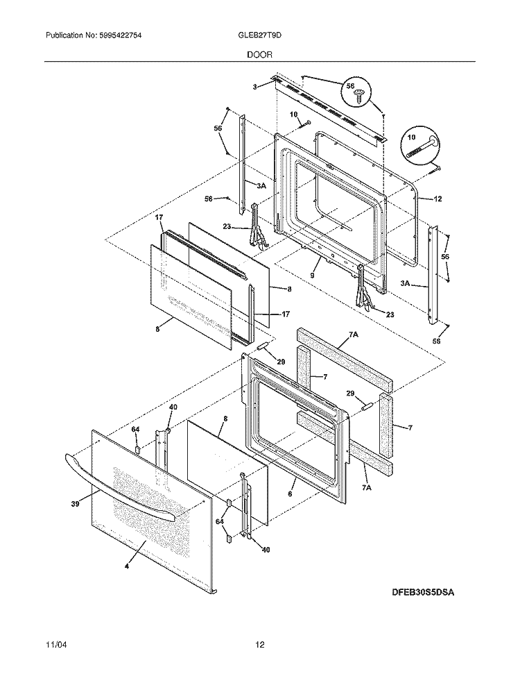 DOORS Diagram and Parts List for GLEB27T9DSA  Frigidaire Wall Oven