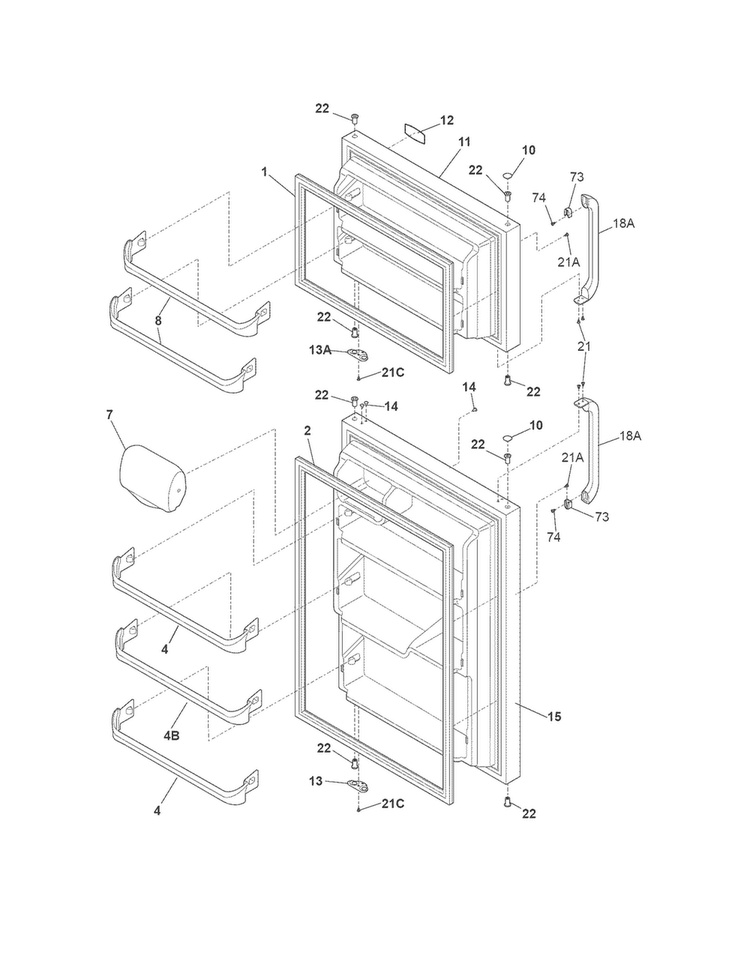 Doors Diagram and Parts List for FRT21G2NW2  Frigidaire Refrigerator