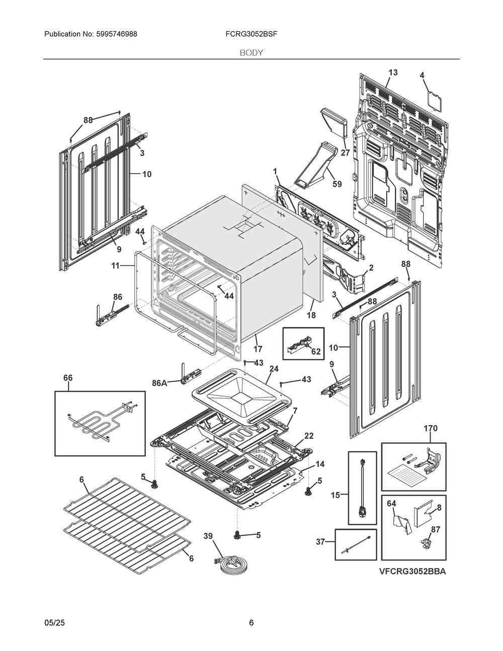 Body Diagram and Parts List for FCRG3052BSF  Frigidaire Range