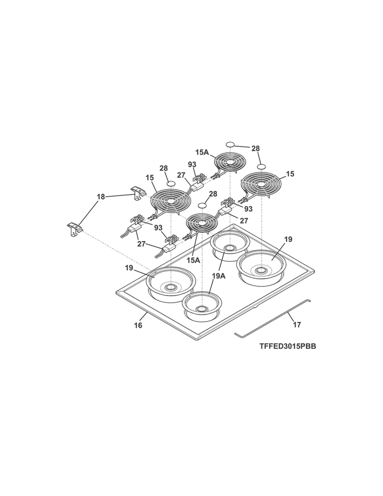 Main Top Diagram and Parts List for FFED3015PBC  Frigidaire Range