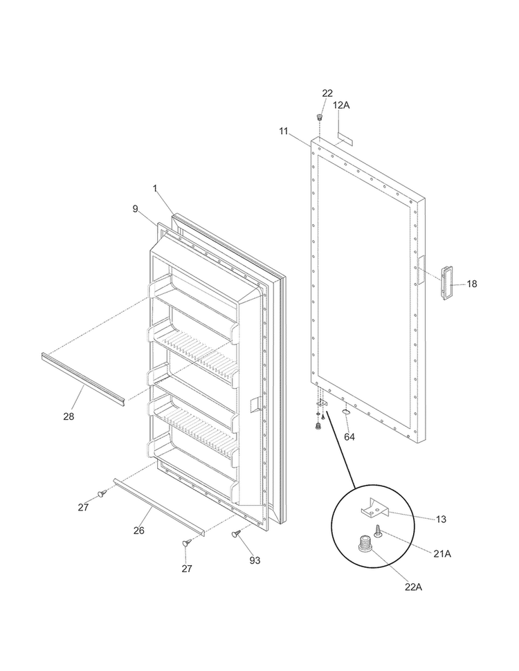 Door Diagram and Parts List for 25328262806  Kenmore Freezer