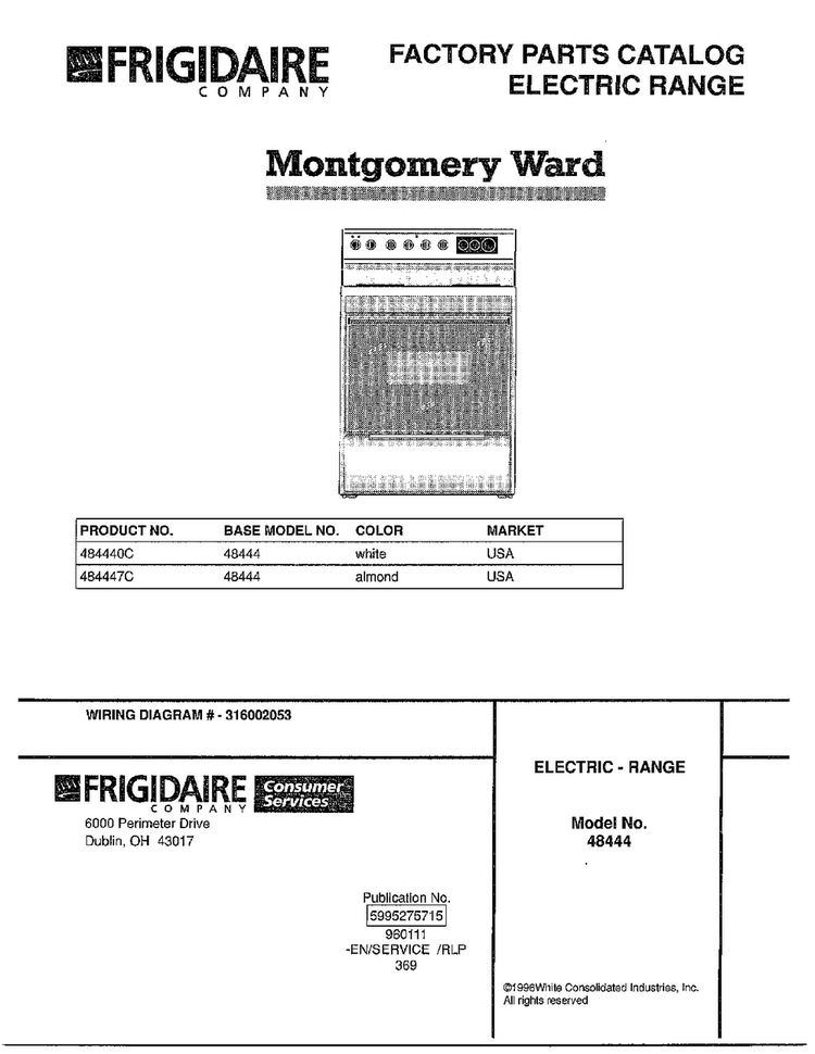 Electric Range Front Cover Diagram and Parts List for 484440C  Frigidaire Range