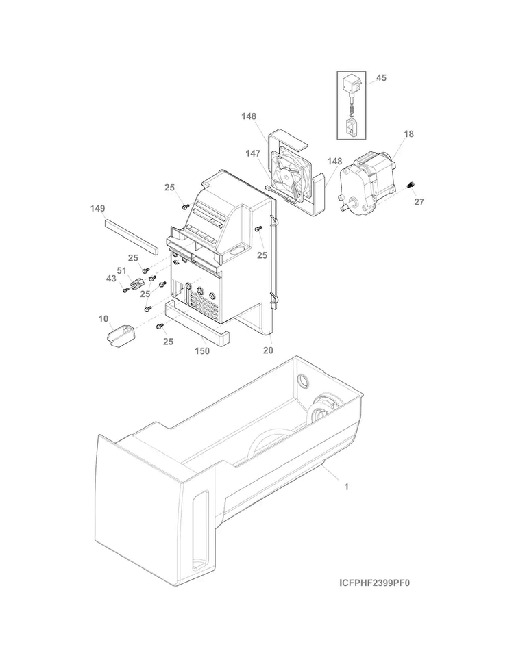 Ice Container Diagram and Parts List for DGHF2360PF4A  Frigidaire Refrigerator