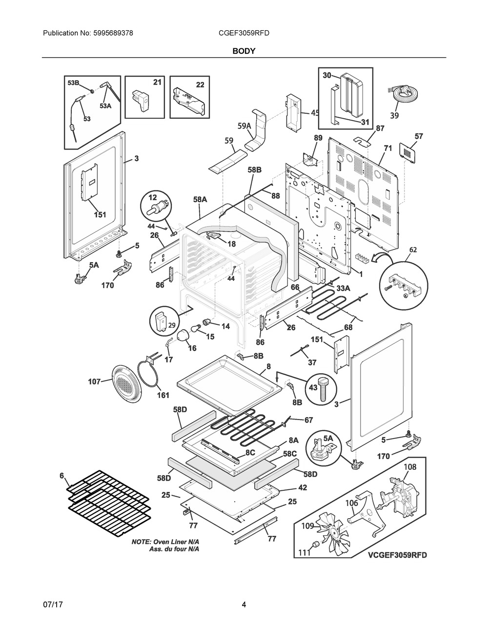 Body Diagram and Parts List for CGEF3059RFD  Frigidaire Range