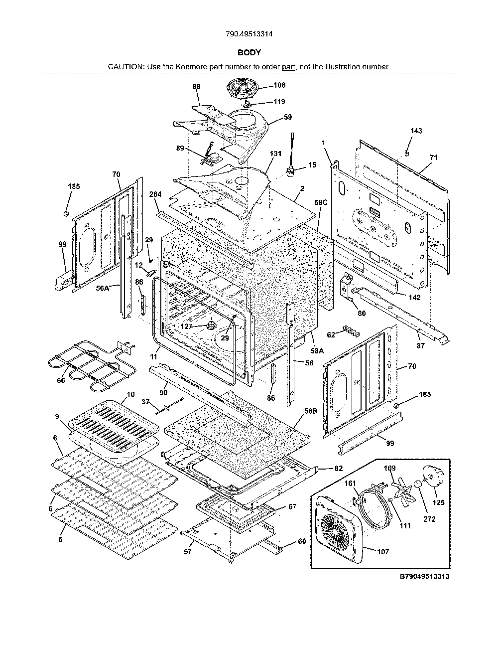 Body Diagram and Parts List for 79049513314  Kenmore Wall Oven