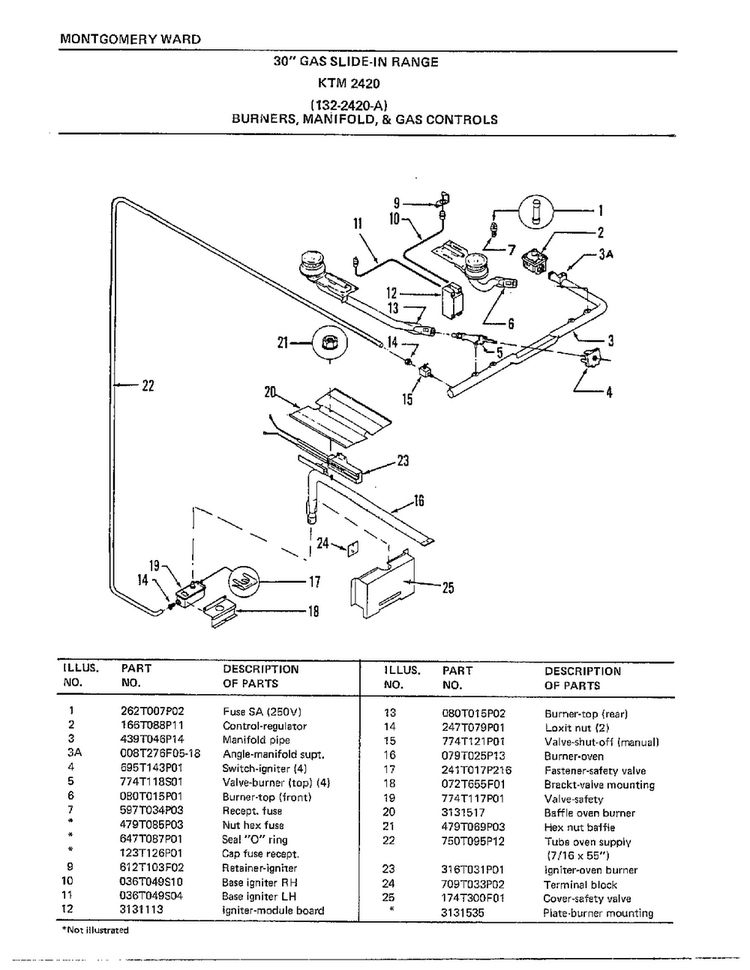 30" Range/burners/manifold/controls Diagram and Parts List for 2420A  Frigidaire Range