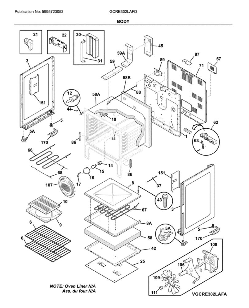 Body Diagram and Parts List for GCRE302LAFD  Frigidaire Range