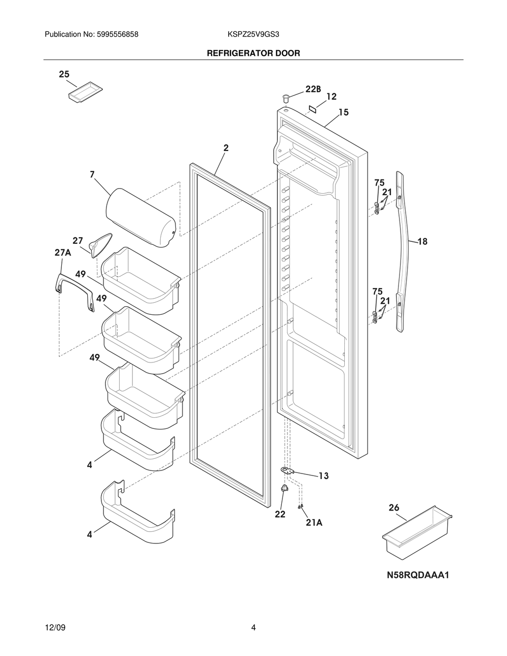 Refrigerator Door Diagram and Parts List for KSPZ25V9GS3  Frigidaire Refrigerator