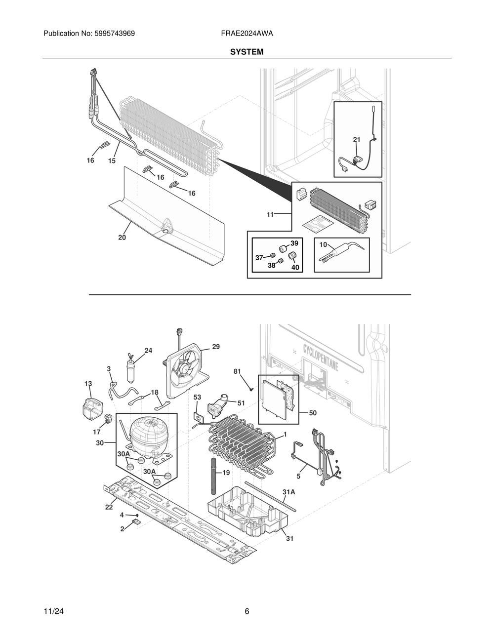 System Diagram and Parts List for FRAE2024AWA  Frigidaire Refrigerator