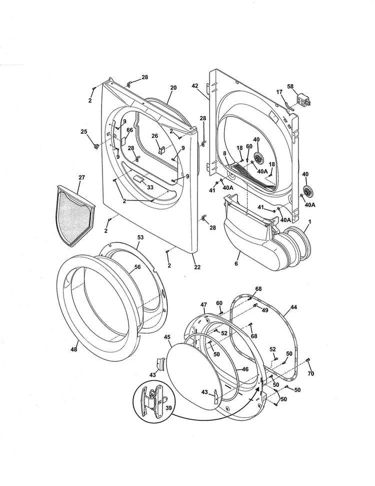 Front Panel/lint Filter Diagram and Parts List for 41798022000  Kenmore Dryer