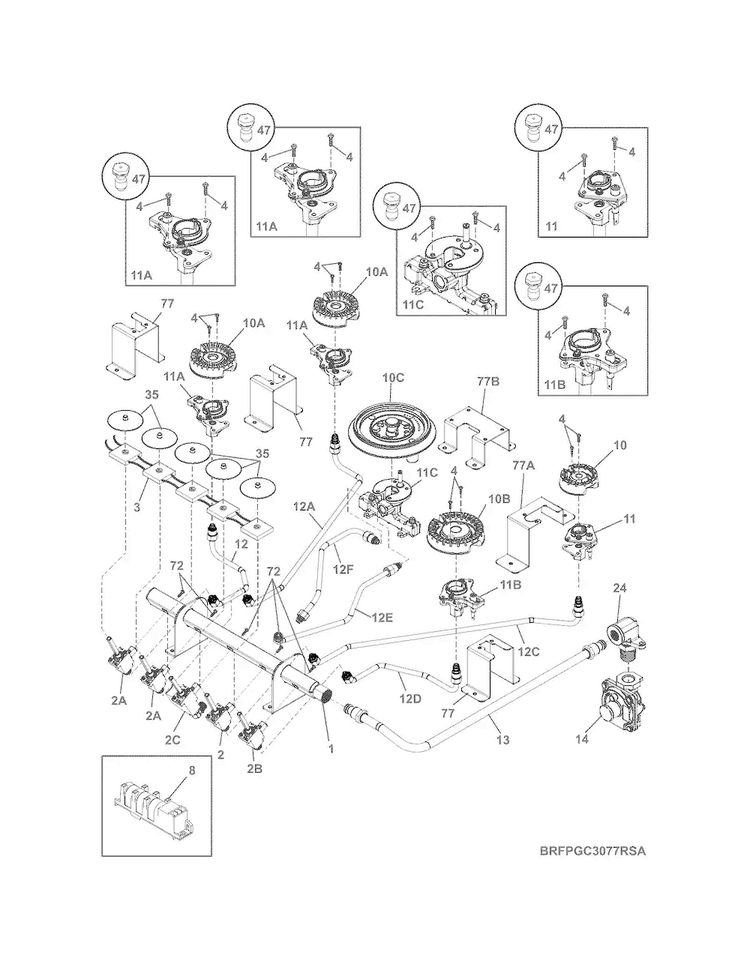 Burner Diagram and Parts List for FPGC3077RSA  Frigidaire Cooktop