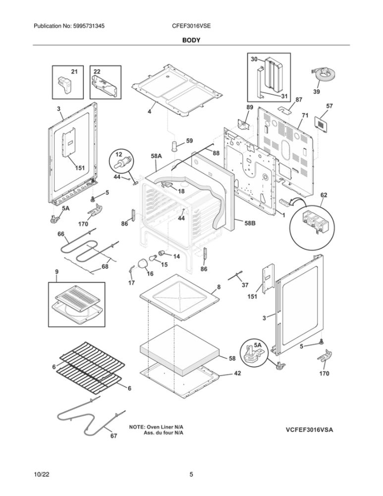Body Diagram and Parts List for CFEF3016VSE  Frigidaire Range