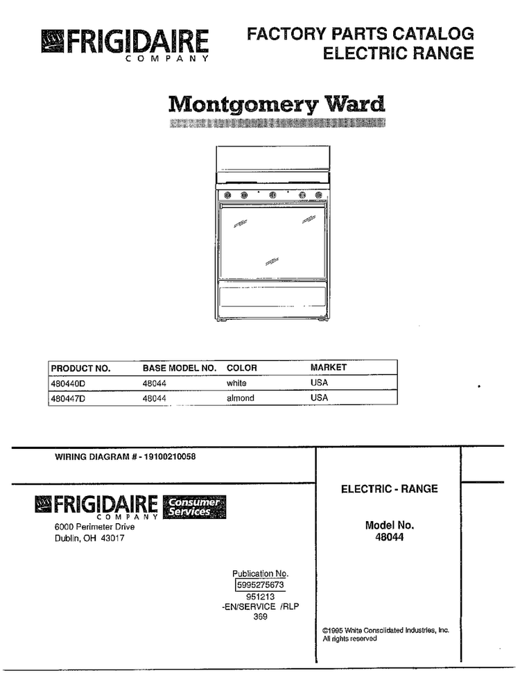 Electric Range/front Cover Diagram and Parts List for 480440D  Frigidaire Range