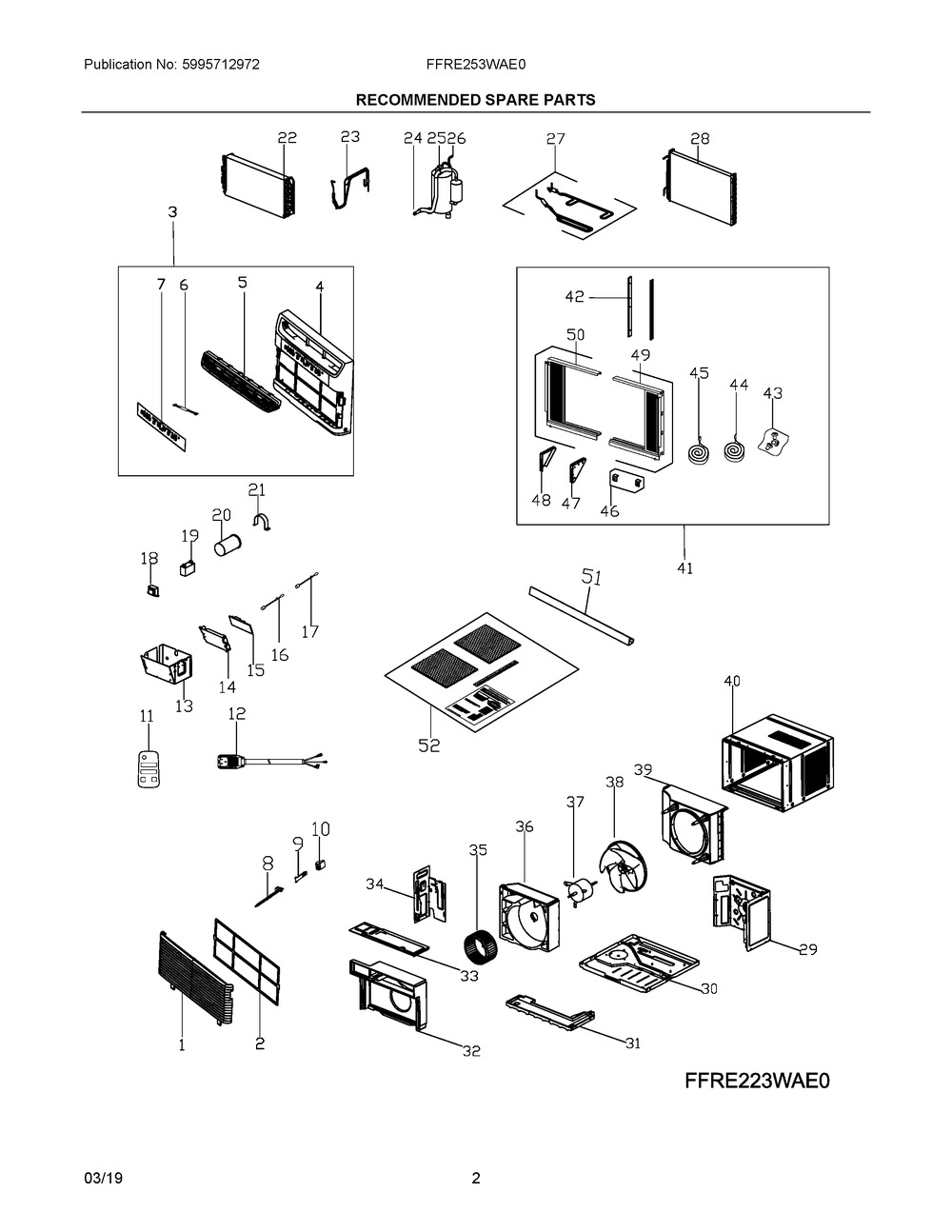 Recommended Spare Parts Diagram and Parts List for FFRE253WAE0  Frigidaire Air Conditioner