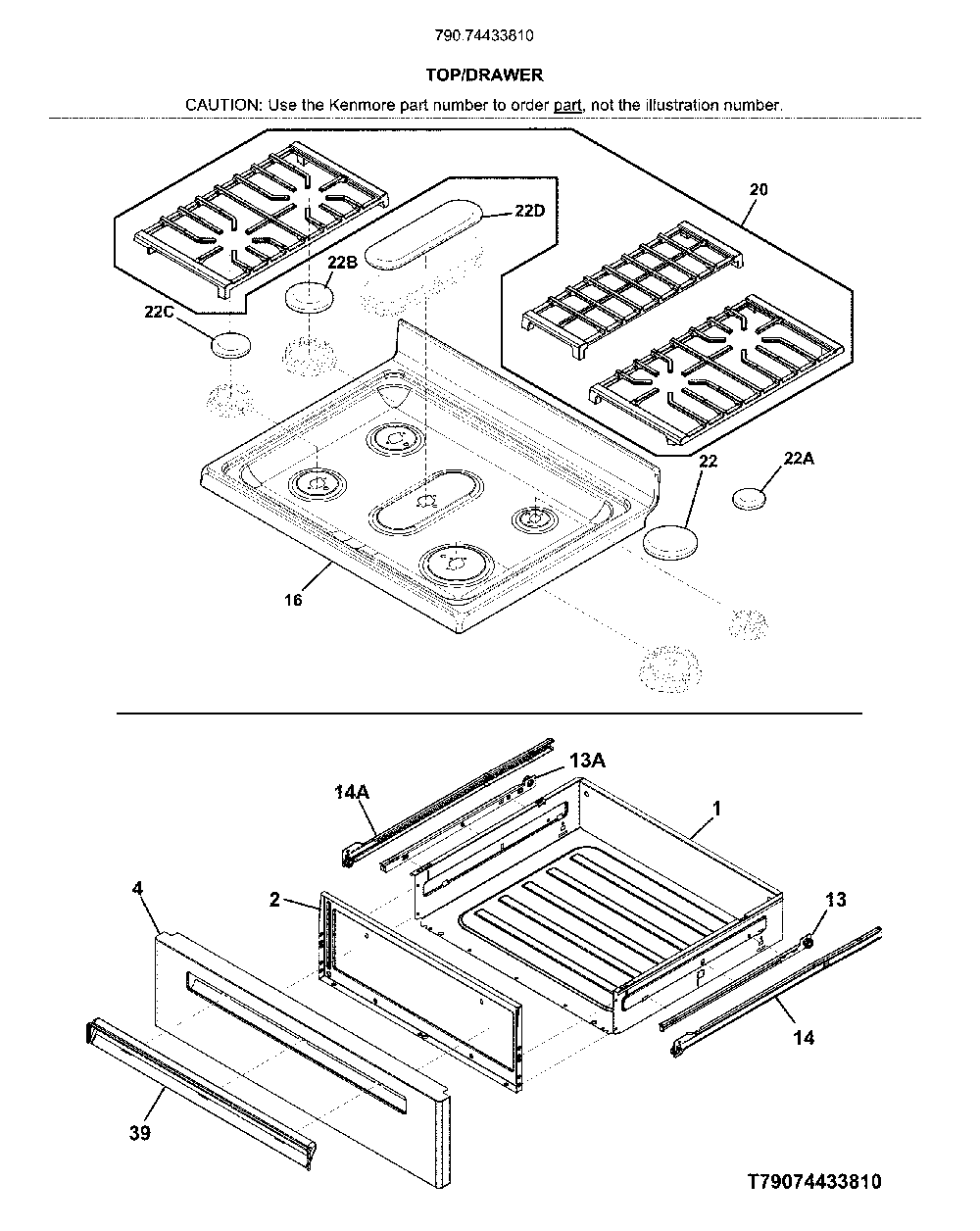 Top/drawer Diagram and Parts List for 79074433810  Kenmore Range