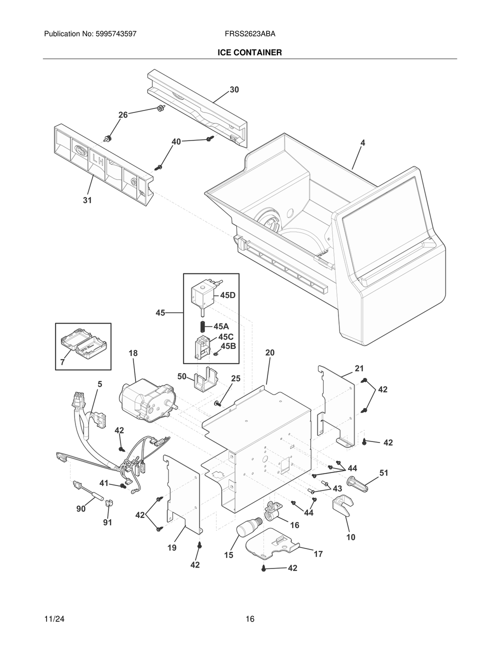 Ice Container Diagram and Parts List for FRSS2623ABA  Frigidaire Refrigerator
