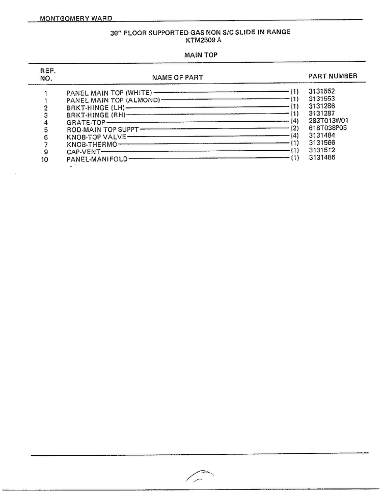 30" Floor Gas/top Page 2 Diagram and Parts List for 2509A  Frigidaire Range
