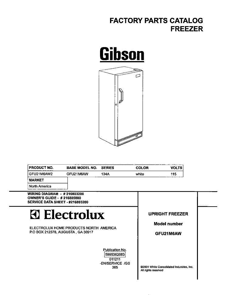 COVER Diagram and Parts List for GFU21M6AW2  Gibson Freezer
