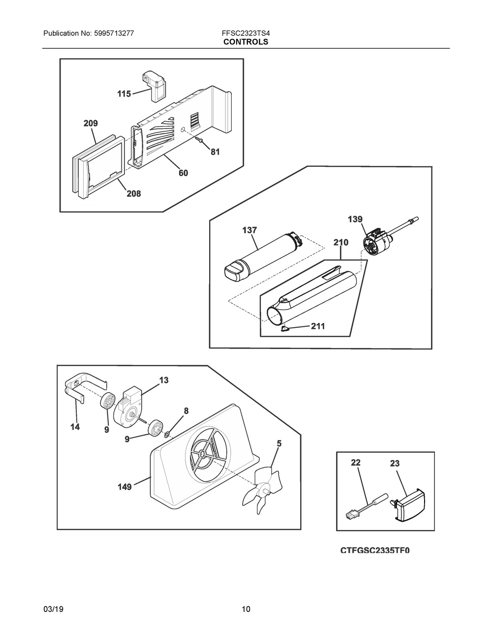 Controls Diagram and Parts List for FFSC2323TS4  Frigidaire Refrigerator