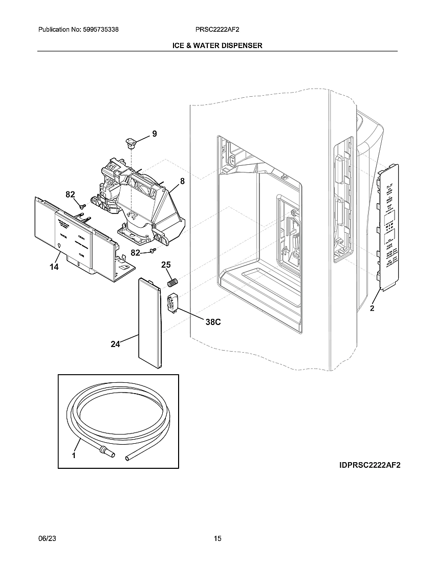 Ice And Water Dispenser Diagram and Parts List for PRSC2222AF2  Frigidaire Refrigerator