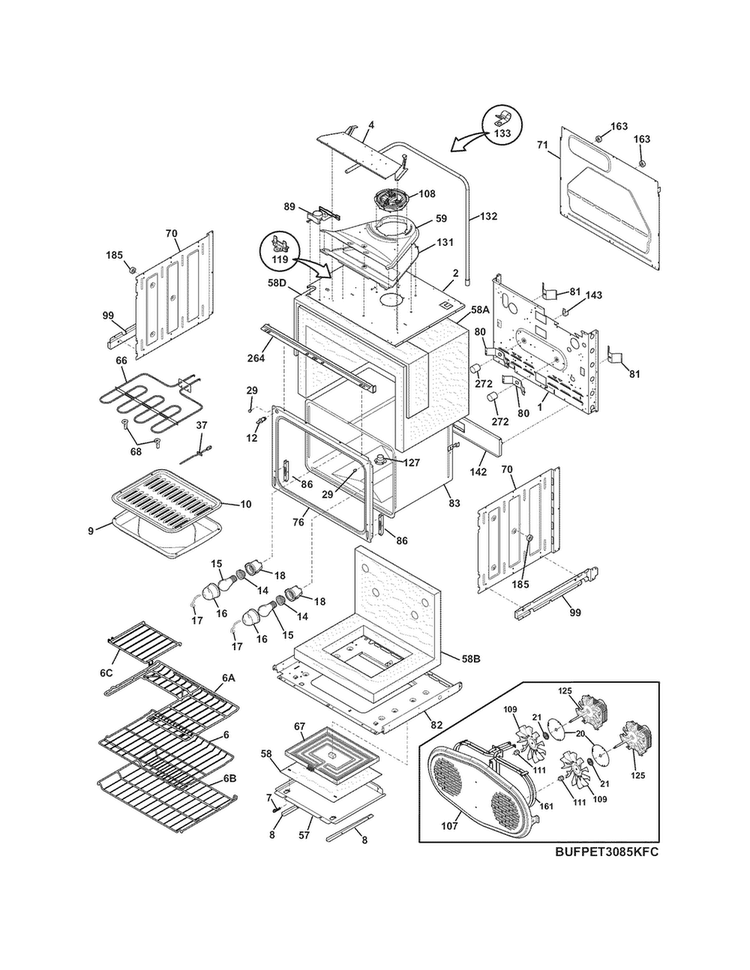 Upper Oven Diagram and Parts List for CPET3085KF3  Frigidaire Wall Oven