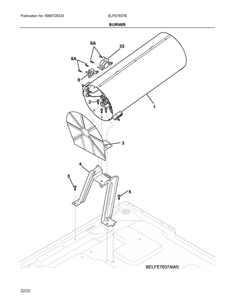 Burner Diagram and Parts List for ELFE7637BW0  Frigidaire Dryer
