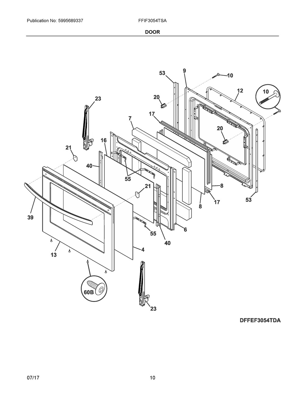 Door Diagram and Parts List for FFIF3054TSA  Frigidaire Range