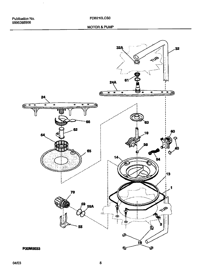 MOTOR & PUMP Diagram and Parts List for FDB210LCS0  Frigidaire Dishwasher
