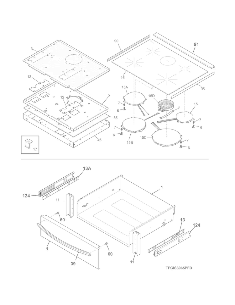 Top/drawer Diagram and Parts List for FGIS3065PFD  Frigidaire Range