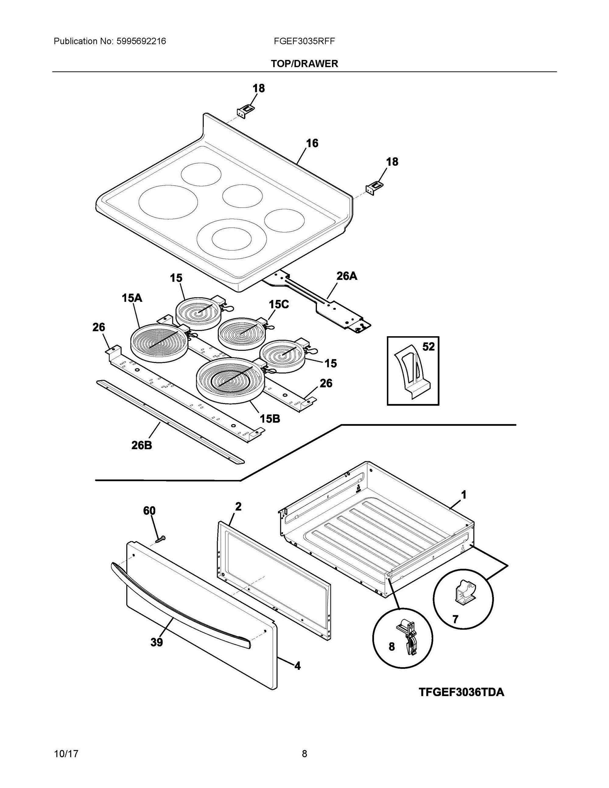 04 - TOP/DRAWER Diagram and Parts List for FGEF3035RFF  Frigidaire Range