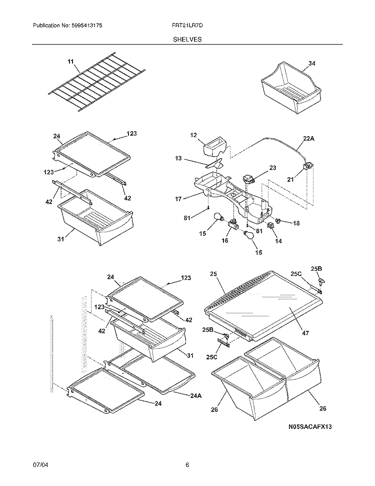 SHELVES Diagram and Parts List for FRT21LR7DK0  Frigidaire Refrigerator