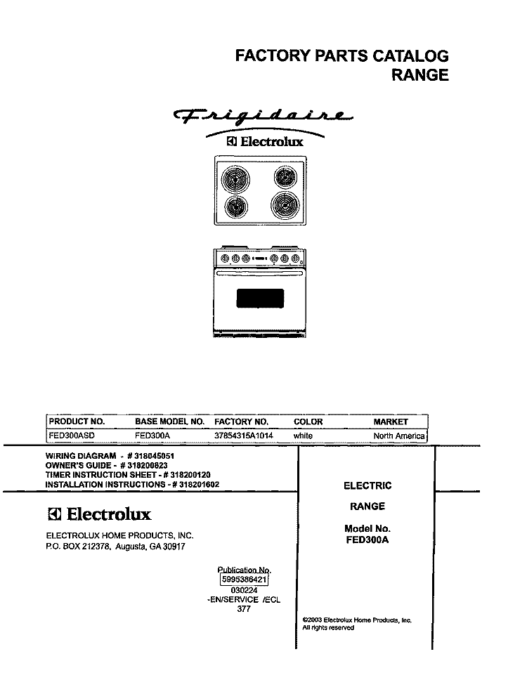 COVER Diagram and Parts List for FED300ASD  Frigidaire Range