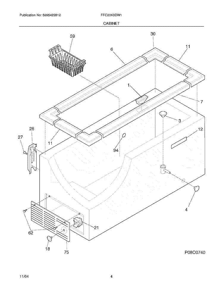 CABINET Diagram and Parts List for FFC20K0DW1  Frigidaire Freezer