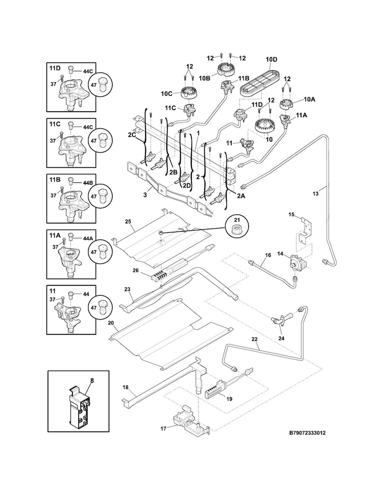 Burner Diagram and Parts List for FGGF3058RFA  Frigidaire Range