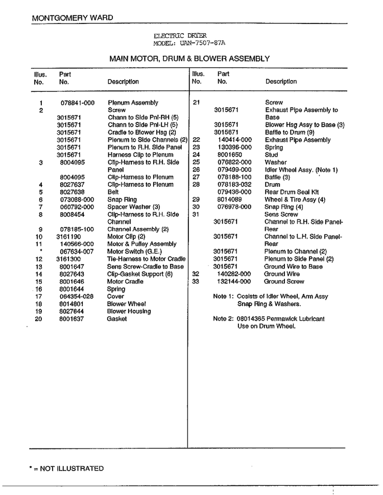 Mani Motor, Drum And Blower Assembly Page 2 Diagram and Parts List for 7507-87A  Frigidaire Dryer
