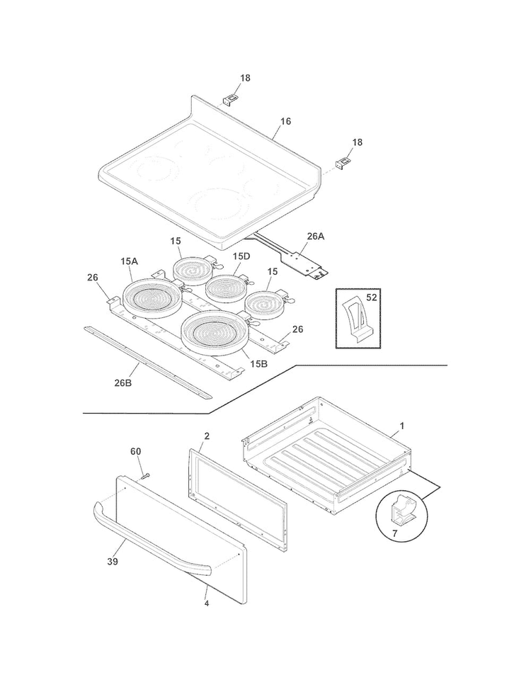 Top/drawer Diagram and Parts List for LEEF3021MSD  Frigidaire Range