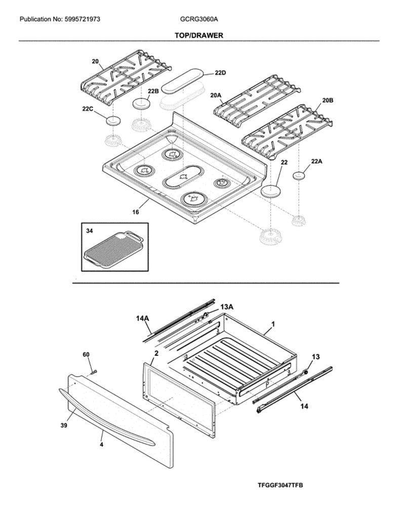 Top/Drawer Diagram and Parts List for GCRG3060ADB  Frigidaire Range