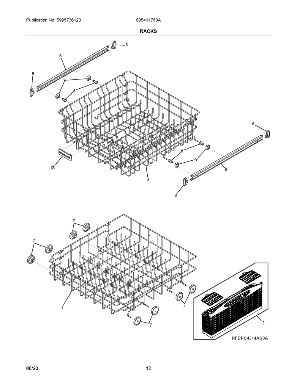 Racks Diagram and Parts List for 605411750A  Frigidaire Dishwasher